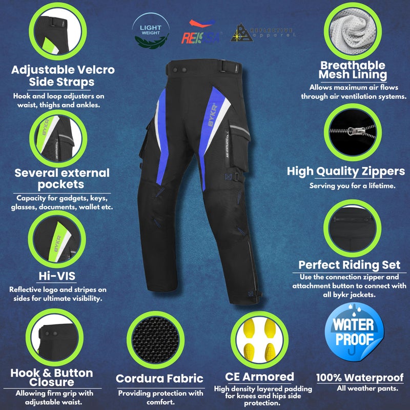 BYKR Motorcycle Pants for Men & Women Armored Cordura Overpants Enduro ATV Dual Sports Motocross Cargo Touring Adventure Pant (42WX34L  Blue) - Image 3